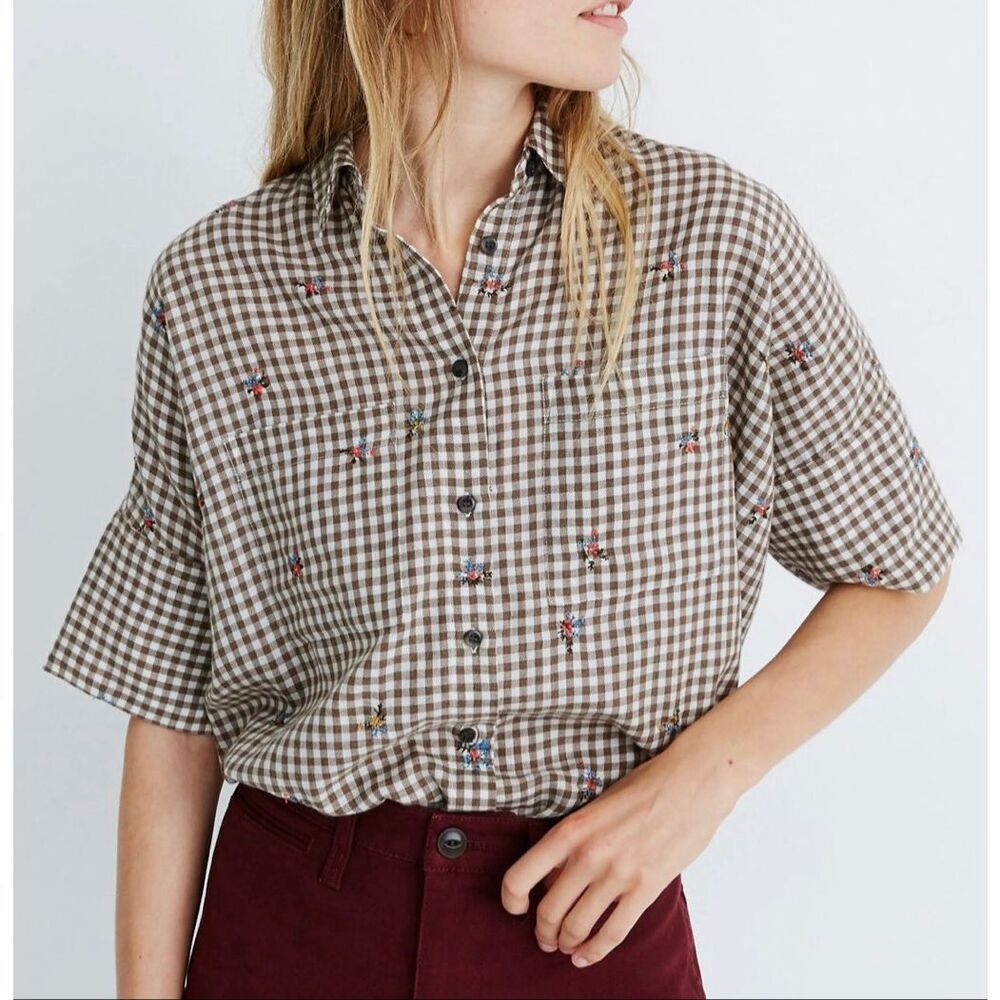 Madewell Floral Embroidered Gingham Courier Shirt | Brown in Small - Picture 2 of 6
